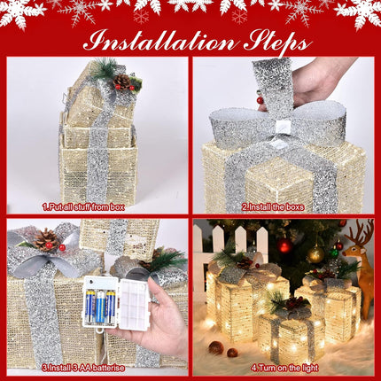 Christmas Lighted Gift Boxes – Gold Linen, Pre-lit, Battery Operated Set