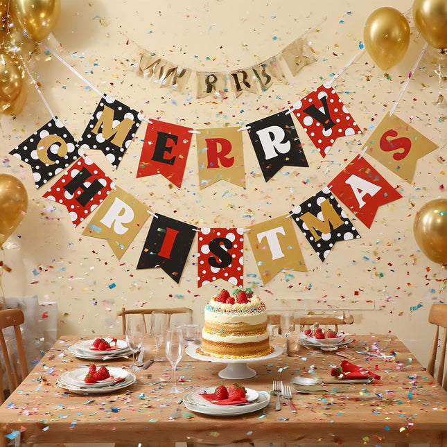 2PCS Merry Christmas Paper Banner – Classic Black Red Yellow Xmas Party Decor