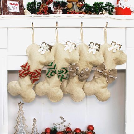 Pet Christmas Stockings, Linen Dog Bone Design in Natural Burlap & Jute