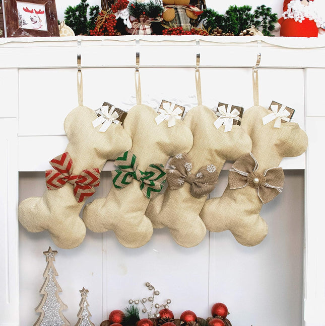 Pet Christmas Stockings, Linen Dog Bone Design in Natural Burlap & Jute
