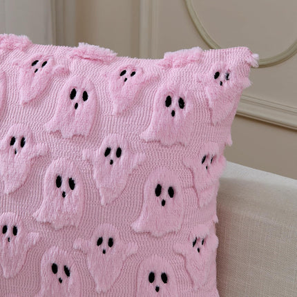 2-Pack Pink Halloween Ghost Pillow Covers 18x18in, Soft Plush Faux Fur Decor