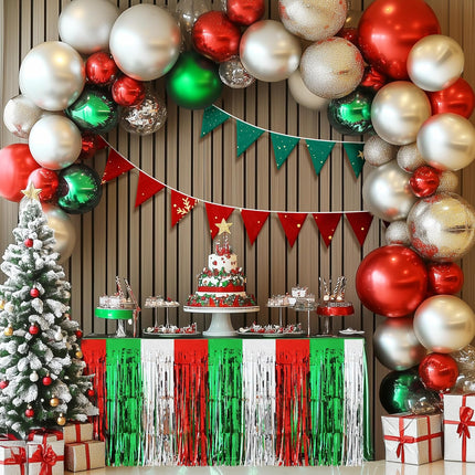2PCS Christmas Table Skirts – 29x108" Red, Silver & Green Metallic Foil Tinsel Fringe