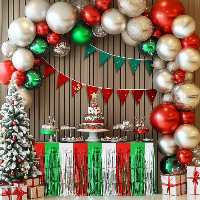 2PCS Christmas Table Skirts – 29x108" Red, Silver & Green Metallic Foil Tinsel Fringe
