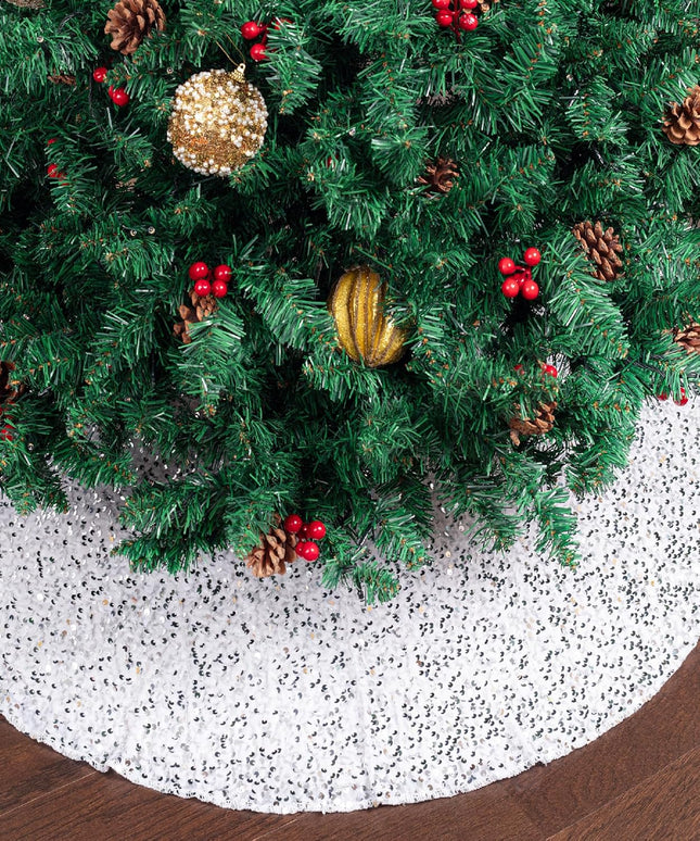 48 Inch Silver Christmas Tree Skirt Sequin Xmas Tree Floor Cover