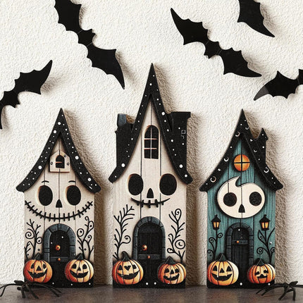 3-Piece Halloween Wooden Haunted House Signs, Pumpkin & Ghost Tiered Tray Decor