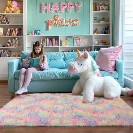 4x6 Rainbow Fluffy Shaggy Rug – Soft Plush Carpet for Girls’ Bedroom