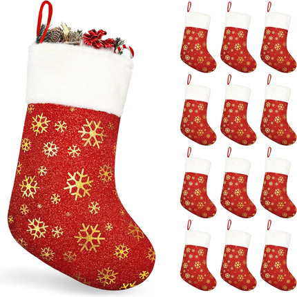 12pcs Red Christmas Stockings 18” – Gold Snowflakes, Sparkling Holiday Decor