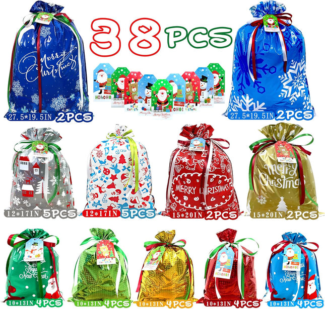 38PC Christmas Gift Bags Set with Tags & Ribbon Ties, Assorted Sizes for Xmas Gifts