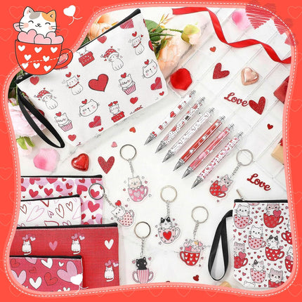 18 Pcs Valentine’s Day Coffee Cat Gifts Set: Makeup Bags, Pens & Keychains for Women
