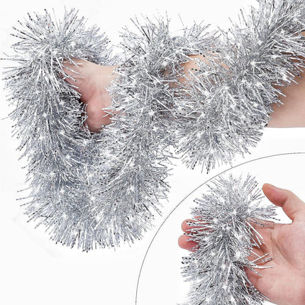 Christmas Silver Tinsel Garland, 33FT – Shimmering Hanging Decor for Trees and Festivities