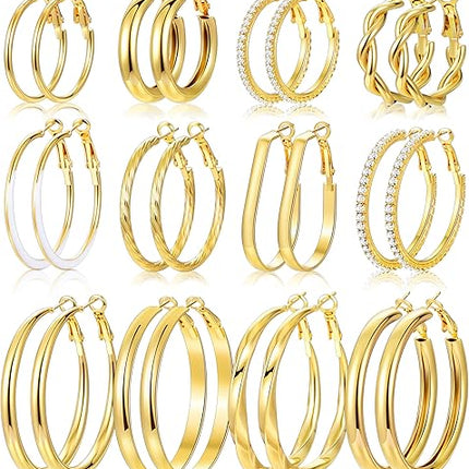 12 Pairs Large Gold Hoop Earrings Set for Women Lightweight Jewelry Gift Pack