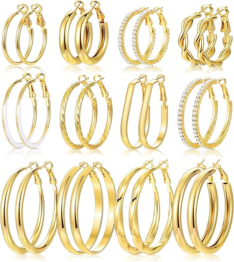 12 Pairs Large Gold Hoop Earrings Set for Women Lightweight Jewelry Gift Pack