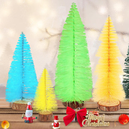 4pcs Mini Christmas Trees – Fluorescent Bottle Brush Trees with Wooden Base for Decor