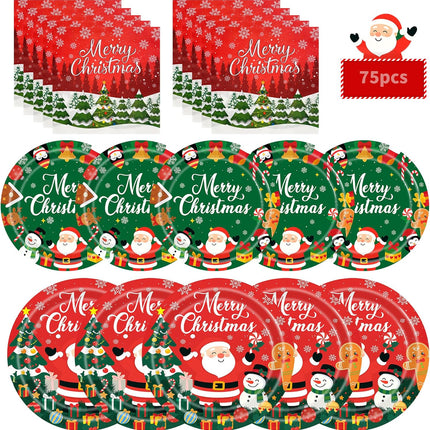 75PCS Christmas Plates and Napkins Set, Christmas Paper Plates Disposable Santa Snowman Dinnerware Set for Xmas Holiday Party Supplies Table Decor