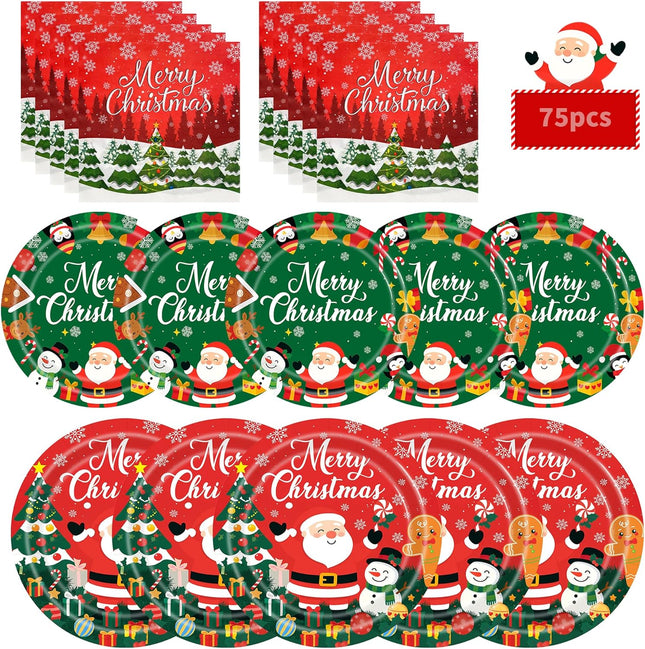 75PCS Christmas Plates and Napkins Set, Christmas Paper Plates Disposable Santa Snowman Dinnerware Set for Xmas Holiday Party Supplies Table Decor