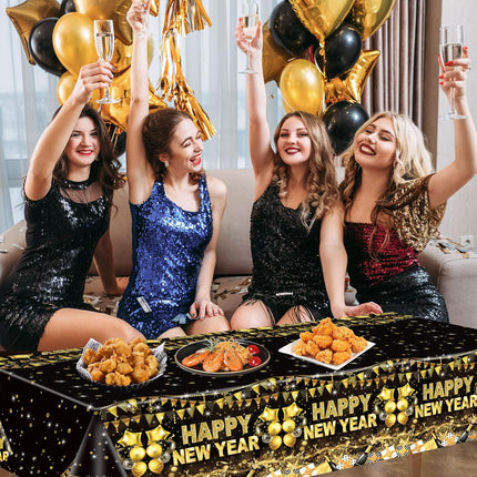 Happy New Year 2026 Table Cover – 3-Piece Black & Gold Party Tablecloths