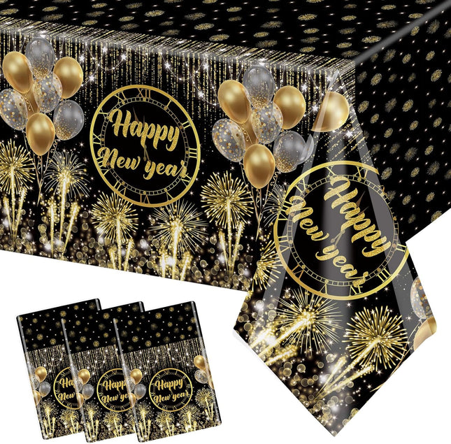 New Year 2026 Tablecloth – Black & Gold Disposable Table Cover 108×54