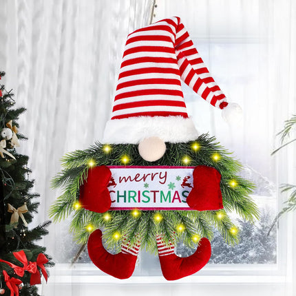 Christmas Wreath Gnome with Lights, Santa Gnome Hanging Sign for Front Door Decoration
