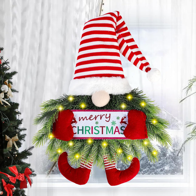 Christmas Wreath Gnome with Lights, Santa Gnome Hanging Sign for Front Door Decoration