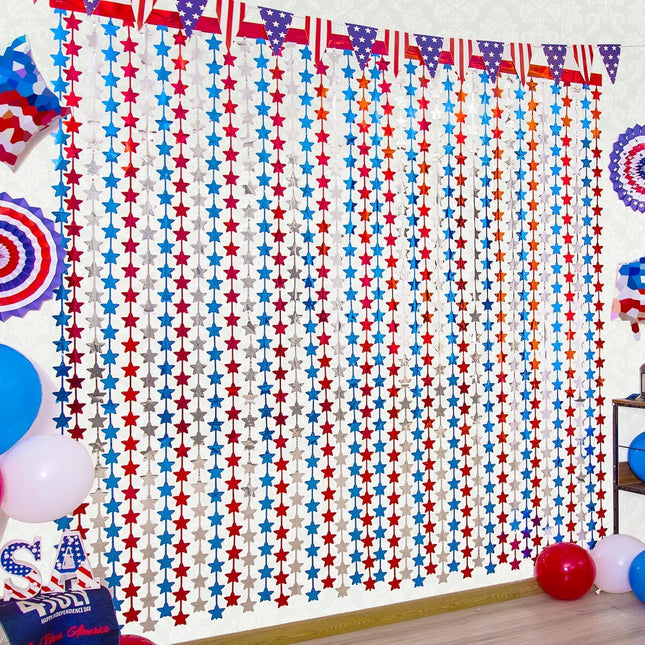 3 Pack 4th of July Star Tinsel Fringe Curtains Patriotic Party Backdrop