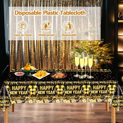 Happy New Year 2026 Table Cover – 3-Piece Black & Gold Party Tablecloths