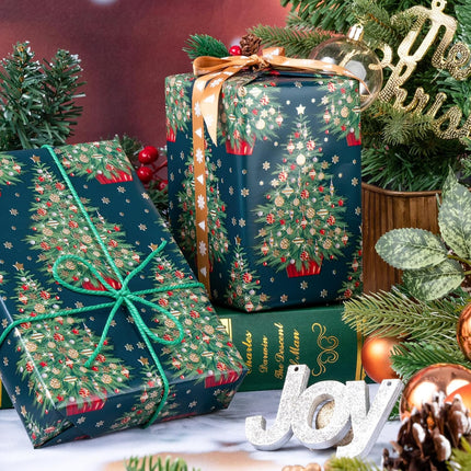 Holiday Wrapping Paper – 17"x33' Reversible Green Xmas Tree Gift Wrap Roll