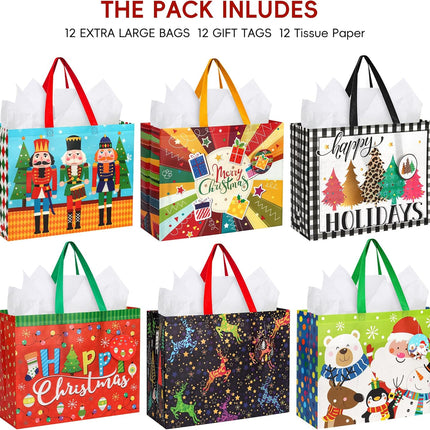 12 Pack Extra Large Christmas Gift Bags with Handles – 16.5"x13"x6.3", Reusable Holiday Gift Bags
