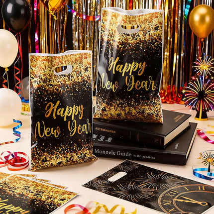12-Piece NYE Party Favor Bags – Black & Gold Happy New Year Gift Bags