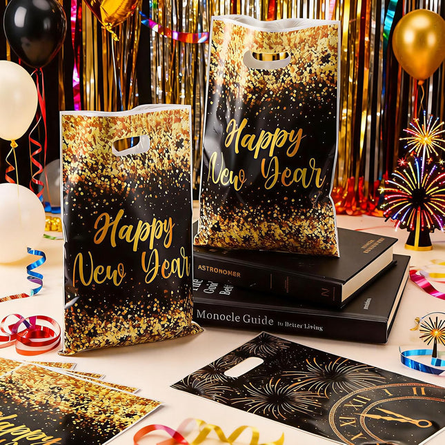 12-Piece NYE Party Favor Bags – Black & Gold Happy New Year Gift Bags
