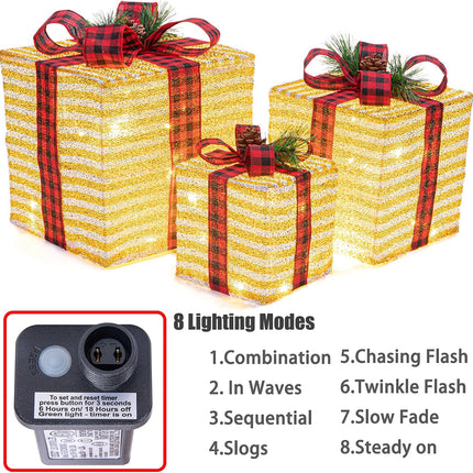 3PC Lighted Christmas Gift Boxes with Pine Leaves, Cones & Bows – 10", 8", 6"