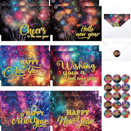 12-Pc 2026 New Year Cards for Family & Office – Firework Design with Envelopes