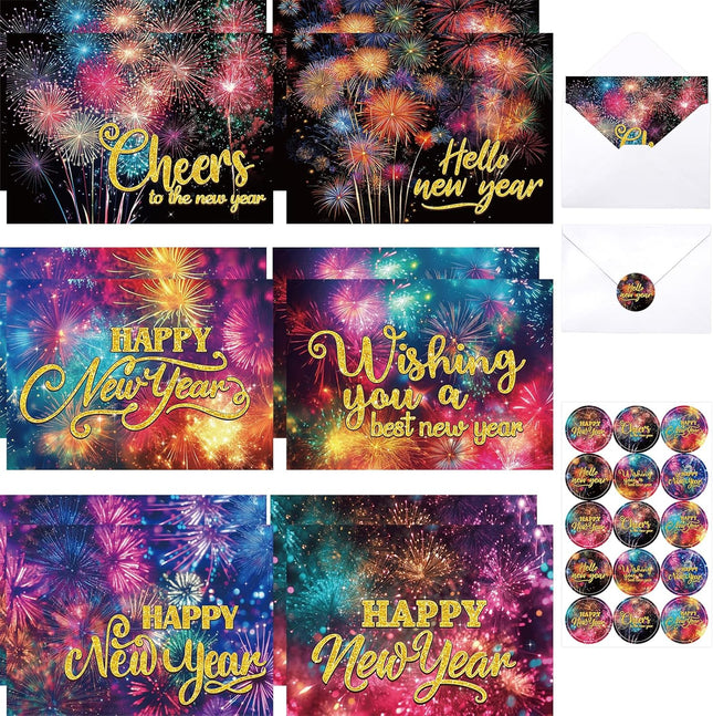 12-Pc 2026 New Year Cards for Family & Office – Firework Design with Envelopes