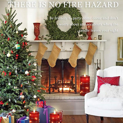 3 Pack Red Flameless Pillar Candles with Remote, Timer & String Lights