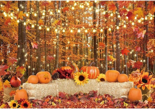 Autumn Photography Backdrop 7x5ft – Forest, Leaves, Pumpkin Decor