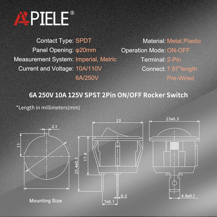 5Pcs Rocker Switch ON/OFF – Mini Round Toggle Switch, SPST, 2Pin, Pre-Wired