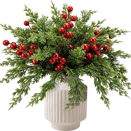 60PCS Christmas Pine Branches – 10.5" Faux Stems with Red Berries for DIY