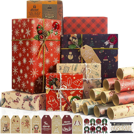 Christmas Wrapping Paper Set – 10 Kraft Sheets with 8 Stickers & Ribbon