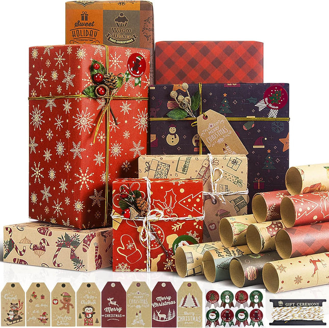 Christmas Wrapping Paper Set – 10 Kraft Sheets with 8 Stickers & Ribbon