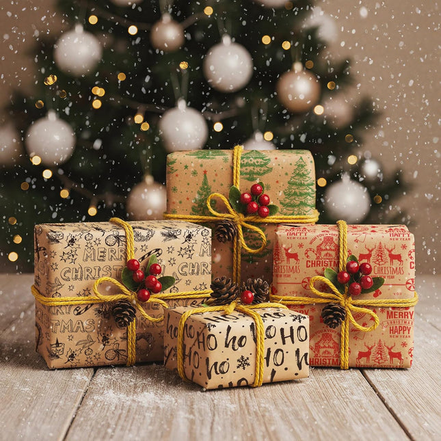 Christmas Gift Wrap Set – 8 Sheets Kraft Vintage Santa & Festive Trees