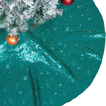 Christmas Tree Skirt, 24" Round – Teal Sequin with Sparkly Small Ornaments for Holiday Parties