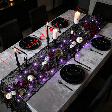 6FT Gothic Halloween Garland with Purple Lights, Skulls, Roses & Pumpkins Decor