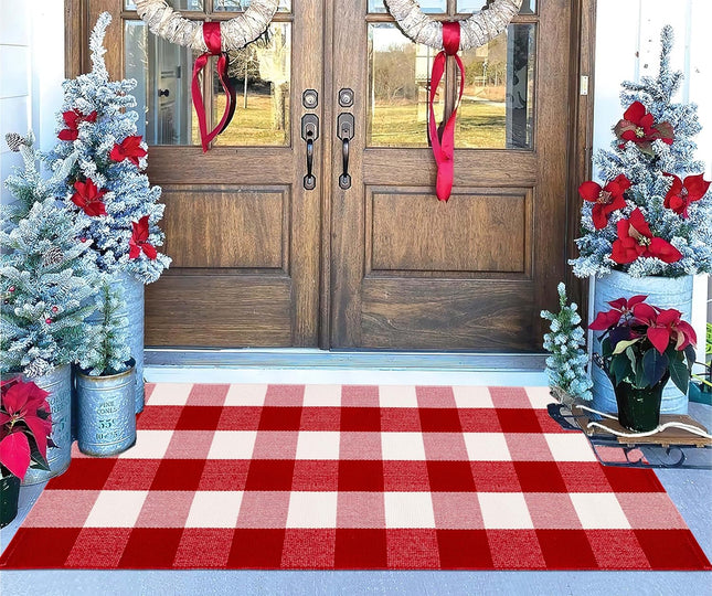 Christmas Entryway Rug – 24"x51" Buffalo Plaid, Machine Washable, Indoor Outdoor