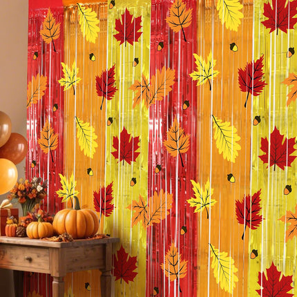 Fall Autumn Harvest Curtains 2 Pack Maple Leaf Pinecone Foil Fringe 3.3x6.6 Ft Backdrop