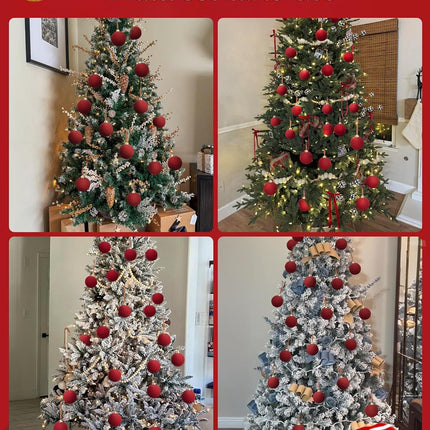 15 Velvet Christmas Balls, 3.15 Inch Red, Green & Brown Velvet Ornaments for Xmas Tree Decor