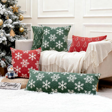 2 Pack Chenille Christmas Pillow Covers 12x20 Red Snowflake & Christmas Tree Cozy Farmhouse Holiday Cushion