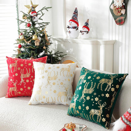 2PCS Holiday Decorative Pillow Covers – Gold Velvet Snowflake & Deer Cushion Case