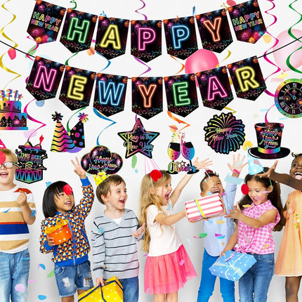 Happy New Year 2025 Neon Party Banner & Hanging Swirls – NYE Decor