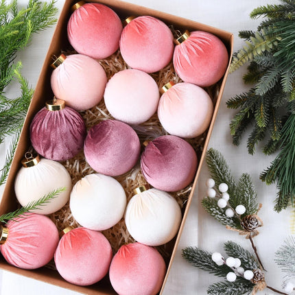 15pcs Velvet Christmas Ornaments Pink & Beige Shatterproof Balls, 80mm (3.15")