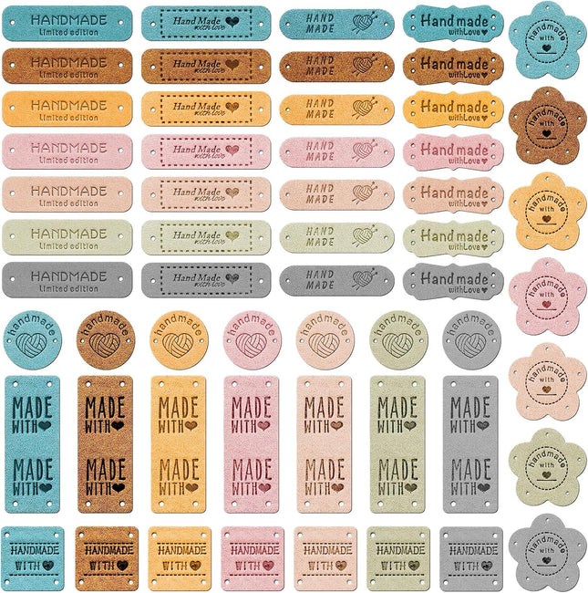 56 Pcs Handmade Leather Labels – Colorful Embossed Tags with Love Hearts for DIY