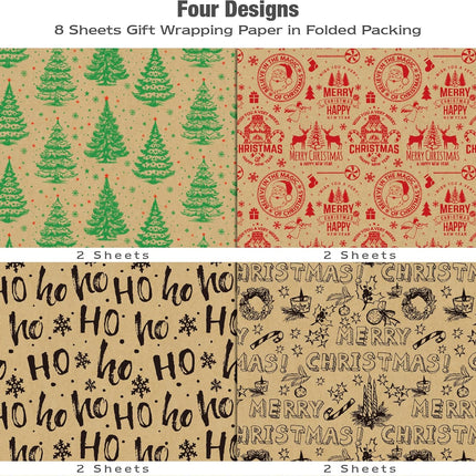 Christmas Gift Wrap Set – 8 Sheets Kraft Vintage Santa & Festive Trees
